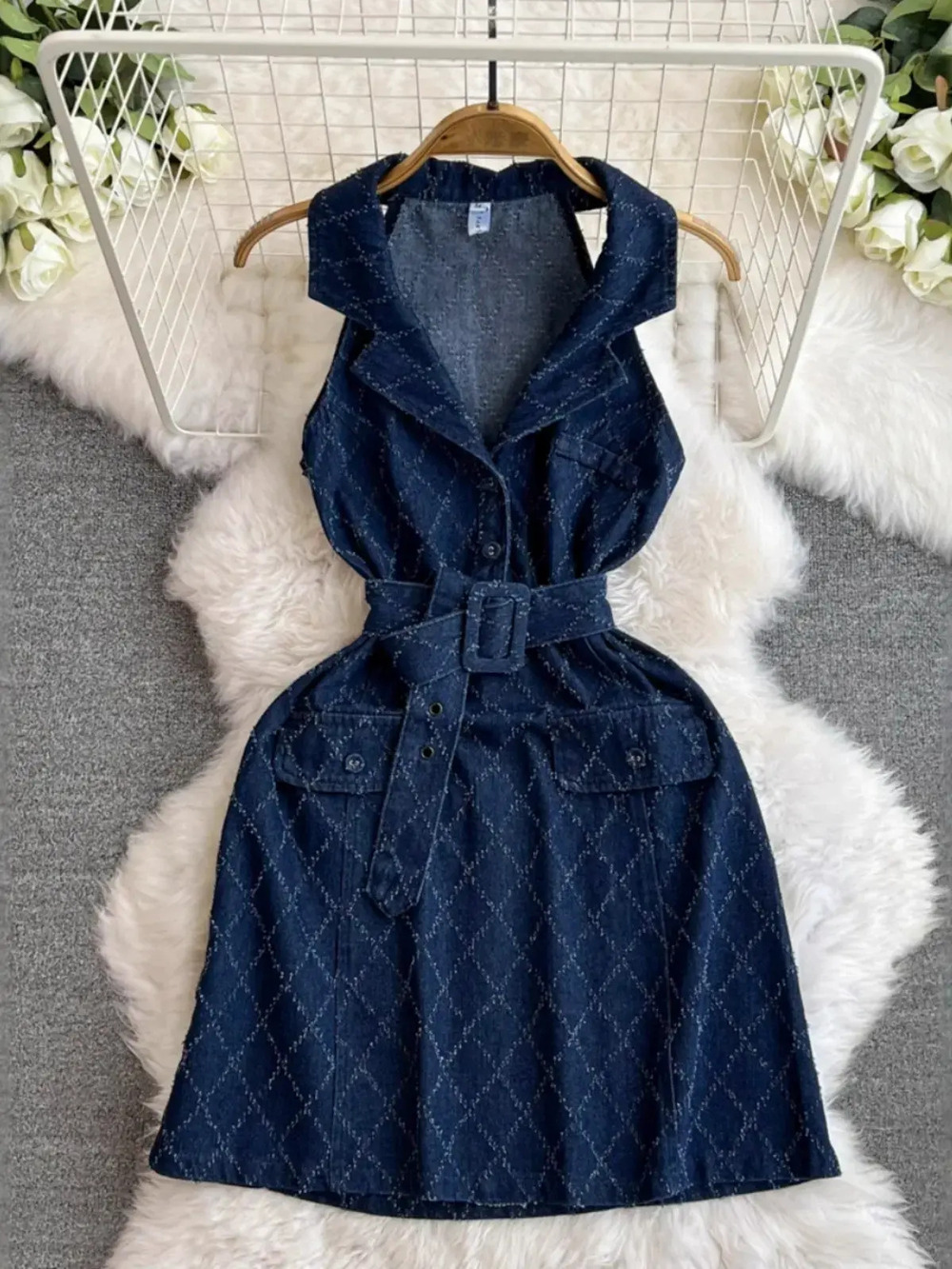 ZARA Denim Blazer Collar Diamond Texture Dress